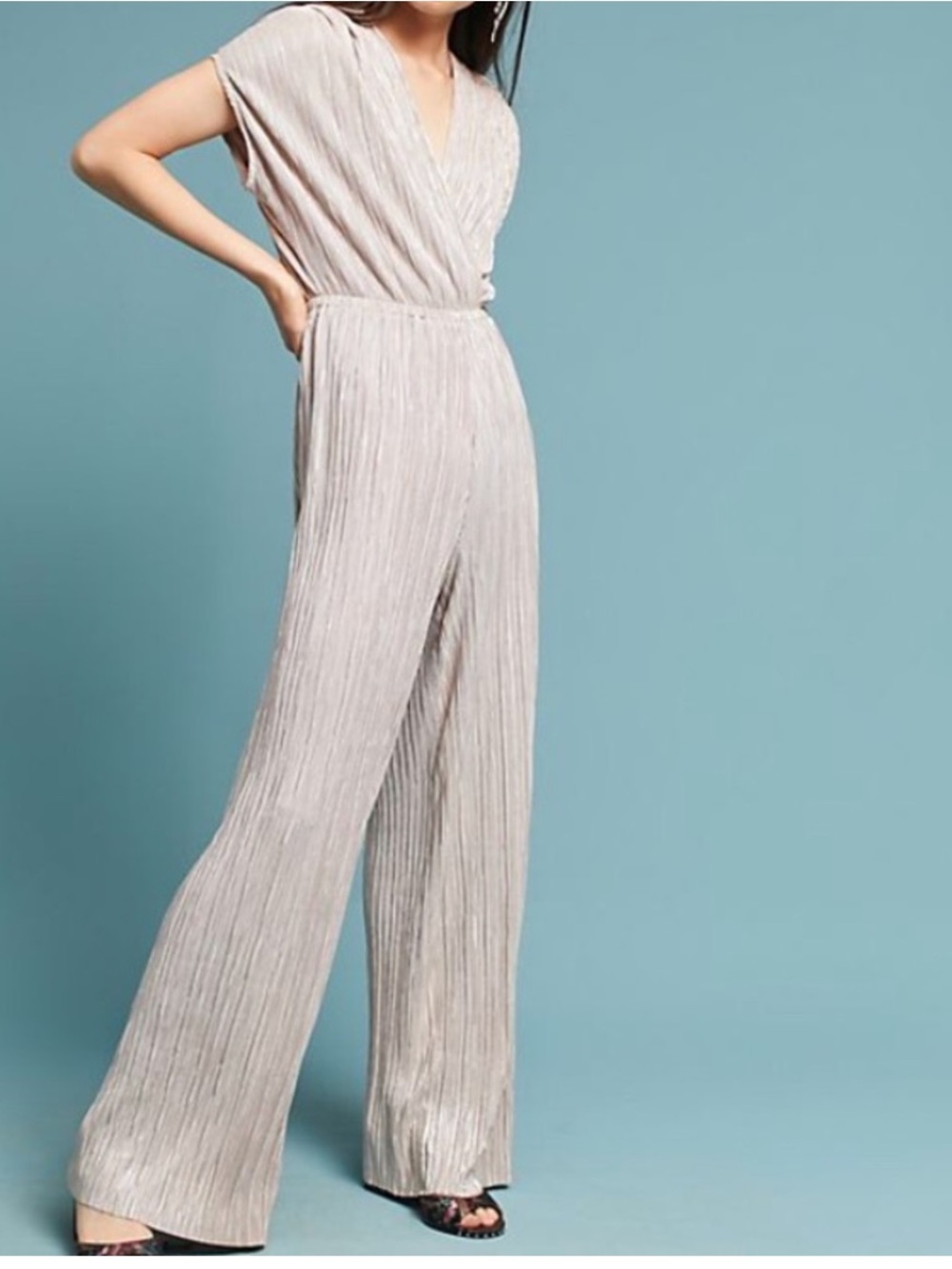 Anthropologie Porridge Metallic Pleated Wide Leg Jumpsuit in Gold/Tan Sz XS